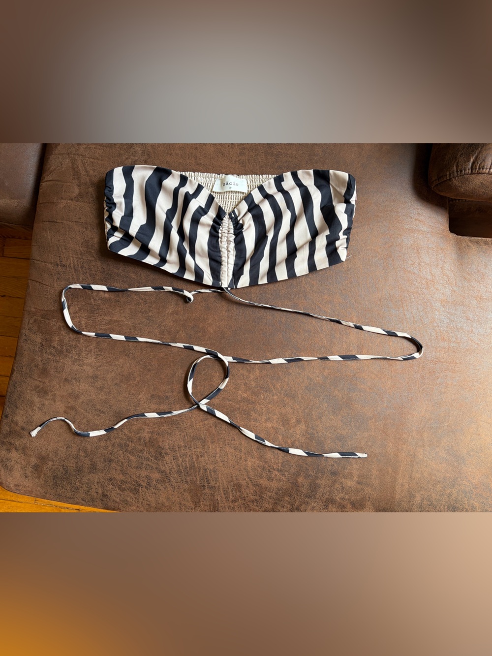 Striped Bandeau Crop Top with Tie - Black & Cream
